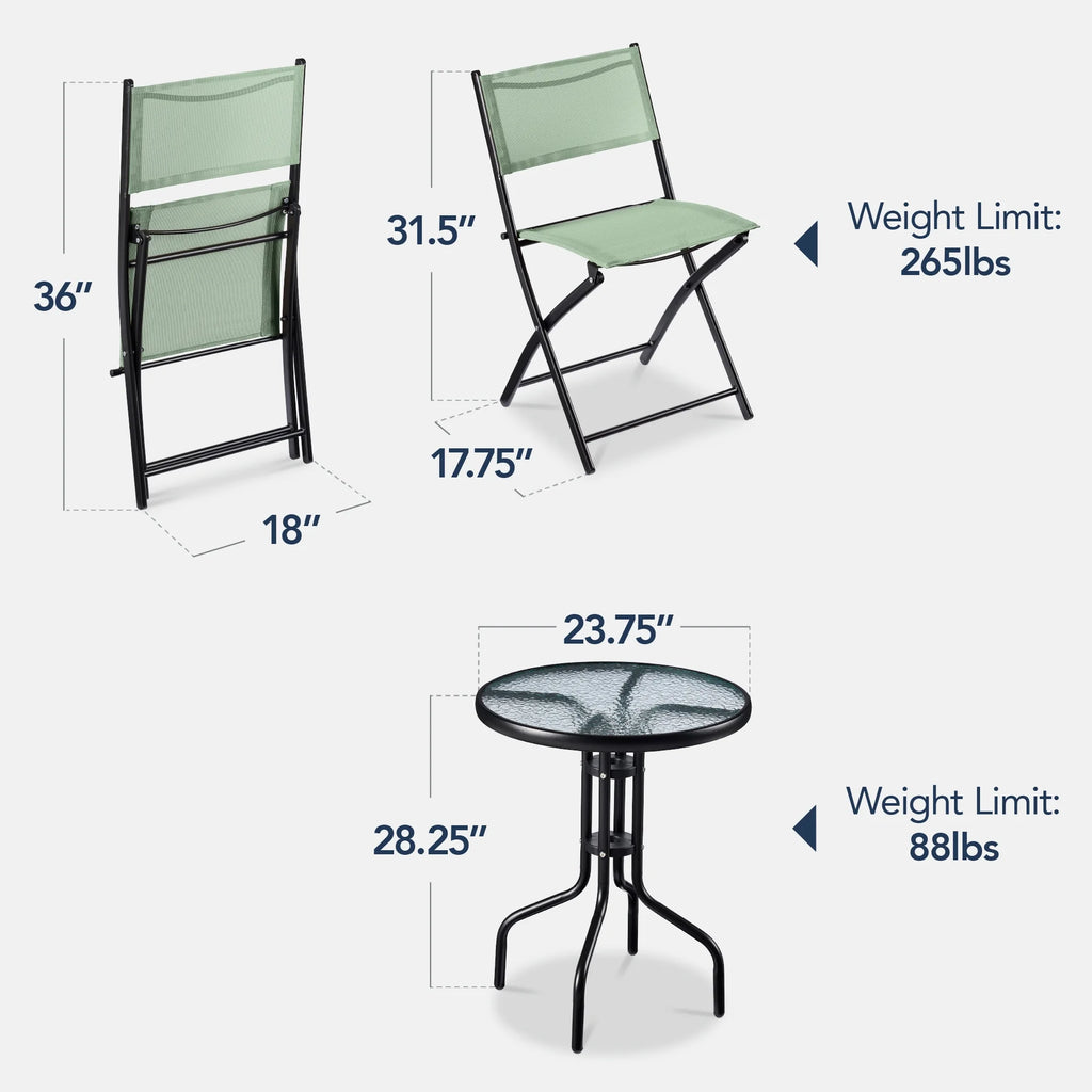 Best Choice Products 3-Piece Patio Bistro Dining Furniture Set w/ Glass Tabletop, Folding Chairs - Gray