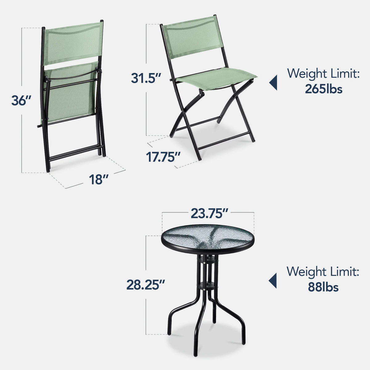 Best Choice Products 3-Piece Patio Bistro Dining Furniture Set w/ Glass Tabletop, Folding Chairs - Gray