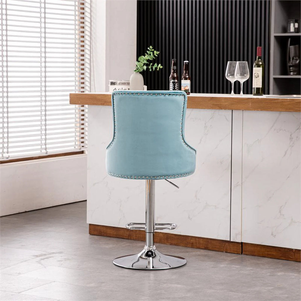 Alexent  2PCS Swivel Bar Stools, High Back, Button Tufted, Silver Footrest and Nailhead Trim Swivel Bar Chairs for Kitchen, Bar Velvet Upholstered Bar Stools, Dark Blue