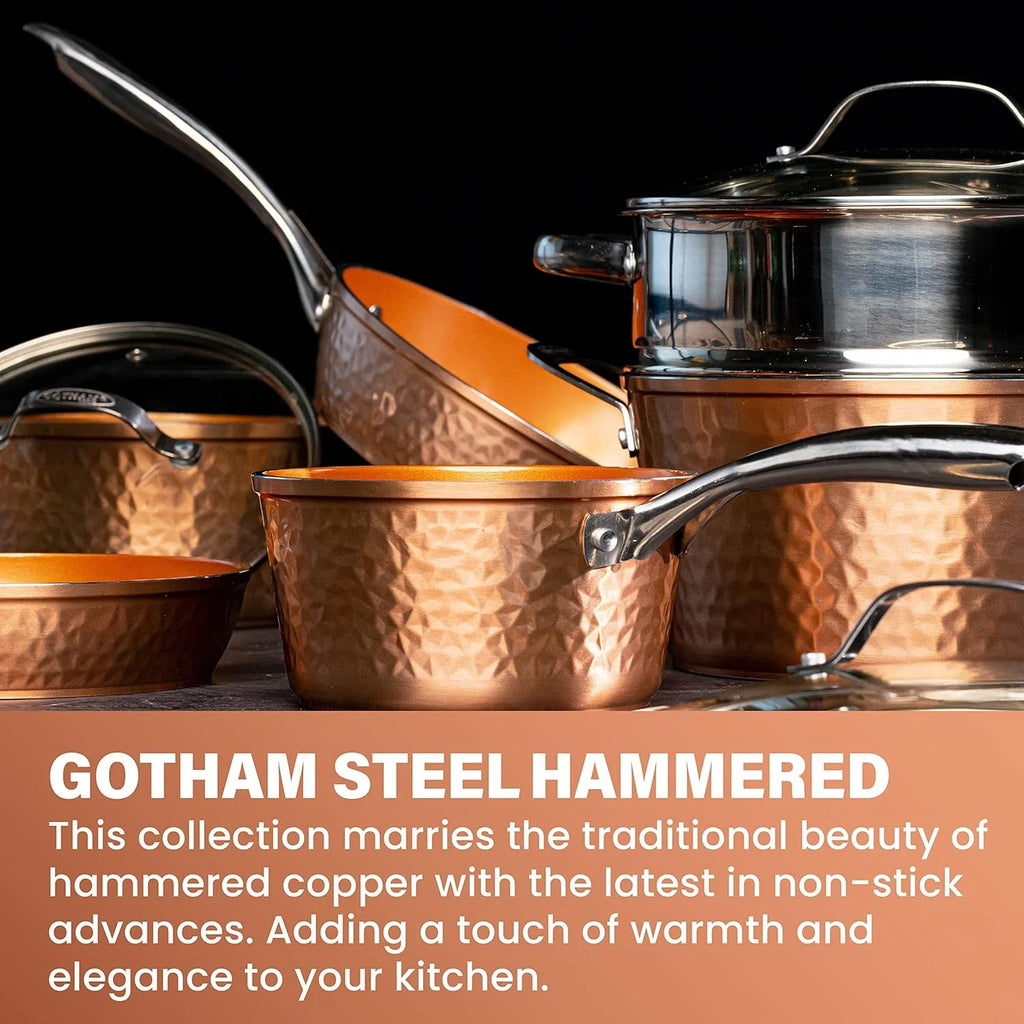 Gotham Steel Hammered 20 Pc Ceramic Cookware Set Nonstick, Induction Pots and Pans Set, Non Toxic Cookware Sets, Oven & Dishwasher Safe - Copper