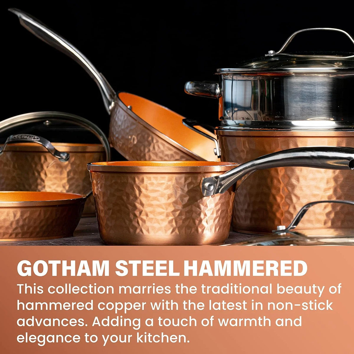 Gotham Steel Hammered 20 Pc Ceramic Cookware Set Nonstick, Induction Pots and Pans Set, Non Toxic Cookware Sets, Oven & Dishwasher Safe - Copper