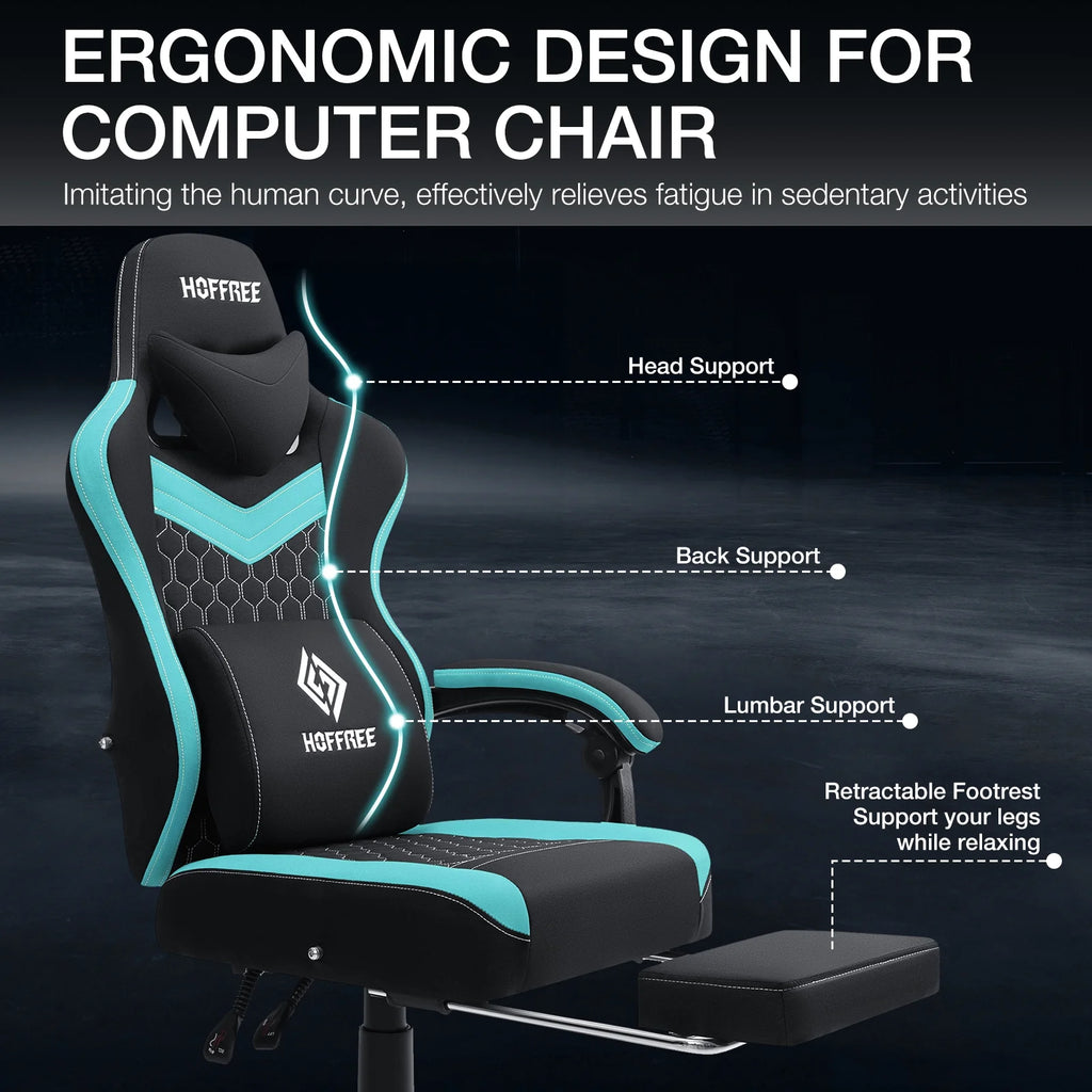 Hoffree Gaming Chair with Massage Fabric Office Chair with footrest for Adults, Ergonomic Gamer Chair with Headrest and Lumbar Support for Office Gaming, 440 LBS