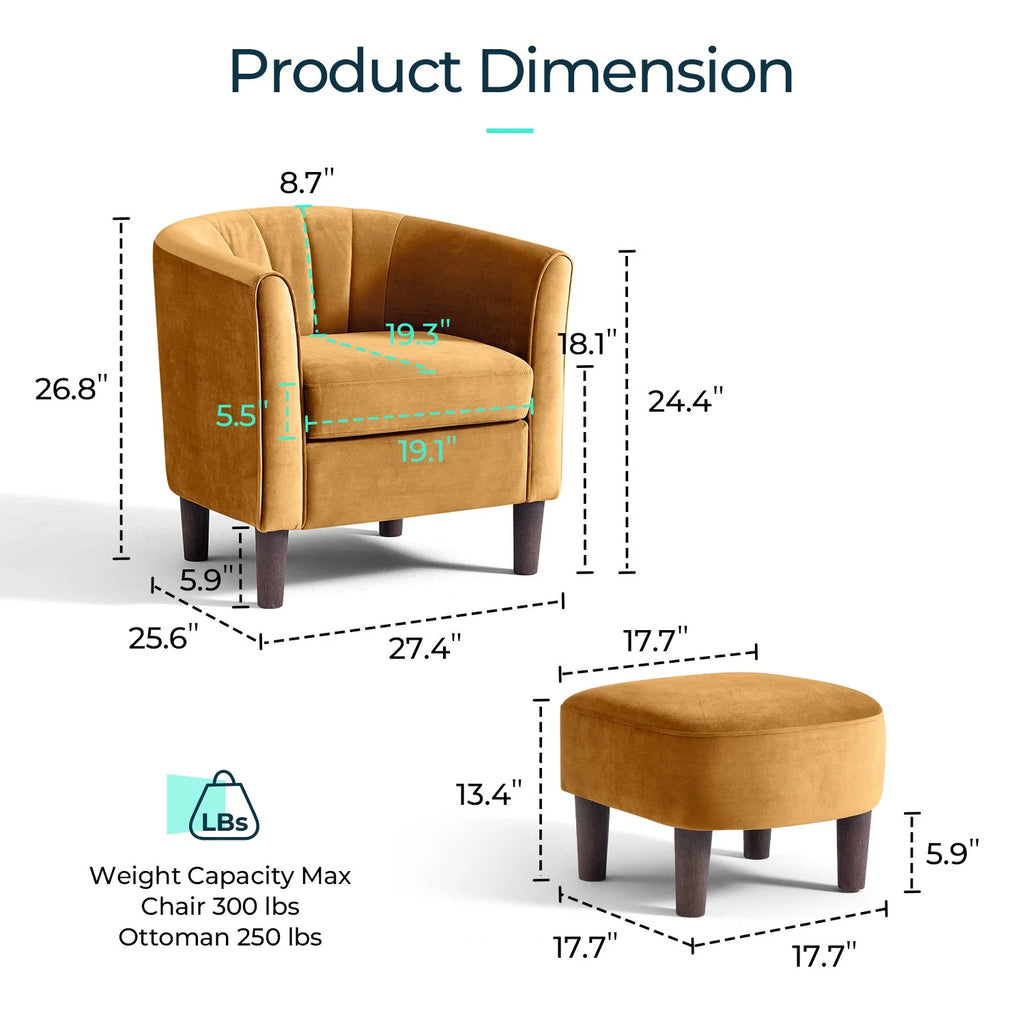 LINSY HOME Accent Chair Set of 2, Velvet Accent Chair with Ottoman for Living Room, Blue
