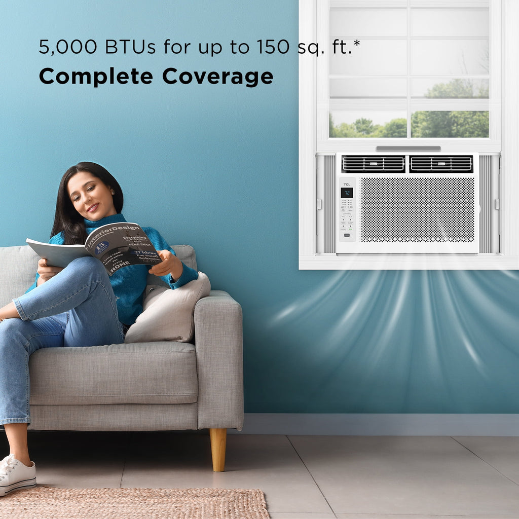 TCL 5,000 BTU Window Air Conditioner, Fan & Dehumidifier, 150 Sq. Ft., Remote Control, Easy-to-Use, Reusable Filter, Compact, Quiet, White, W5W3M