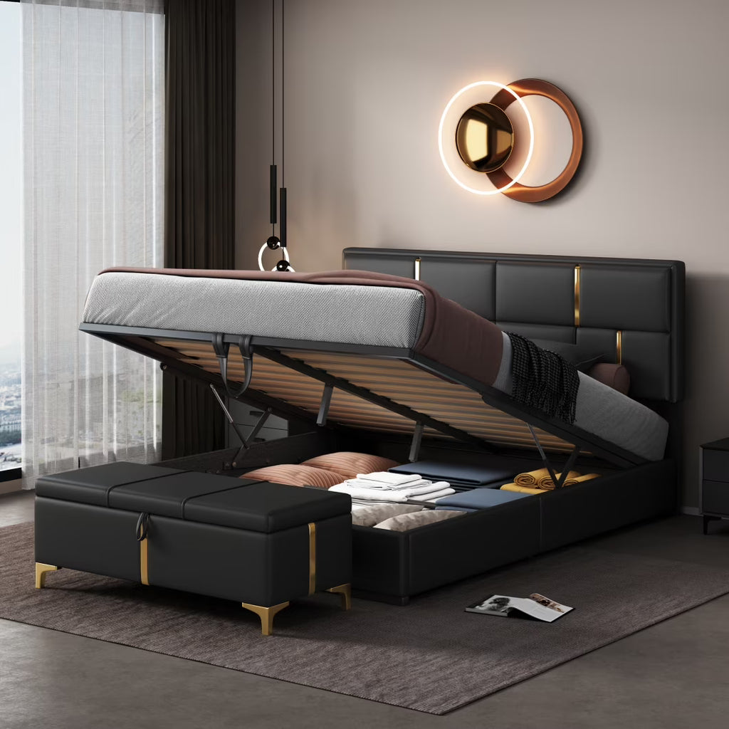 2-Pieces Bedroom Sets, Queen Size Upholstered Platform Bed with Hydraulic Storage System,Storage Ottoman with Metal Legs, 2 Piece Wood Bedroom Furniture Set, Beige