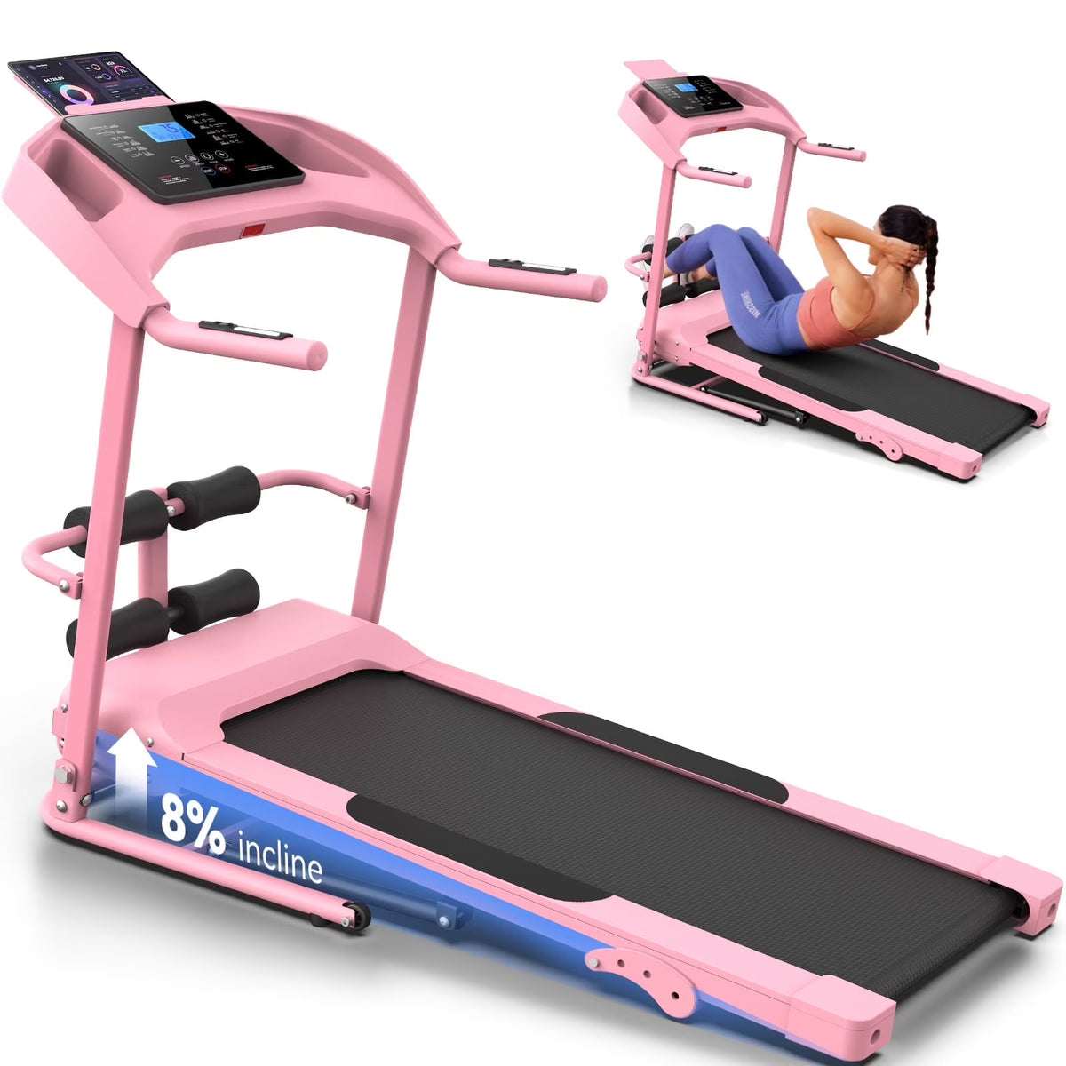 Treadmill with 8% Incline, 3.0 HP Foldable Compact Treadmill with Sit-up Function, 300 lbs Walking Running Treadmill with LCD Display for Exercise, 12 Programs