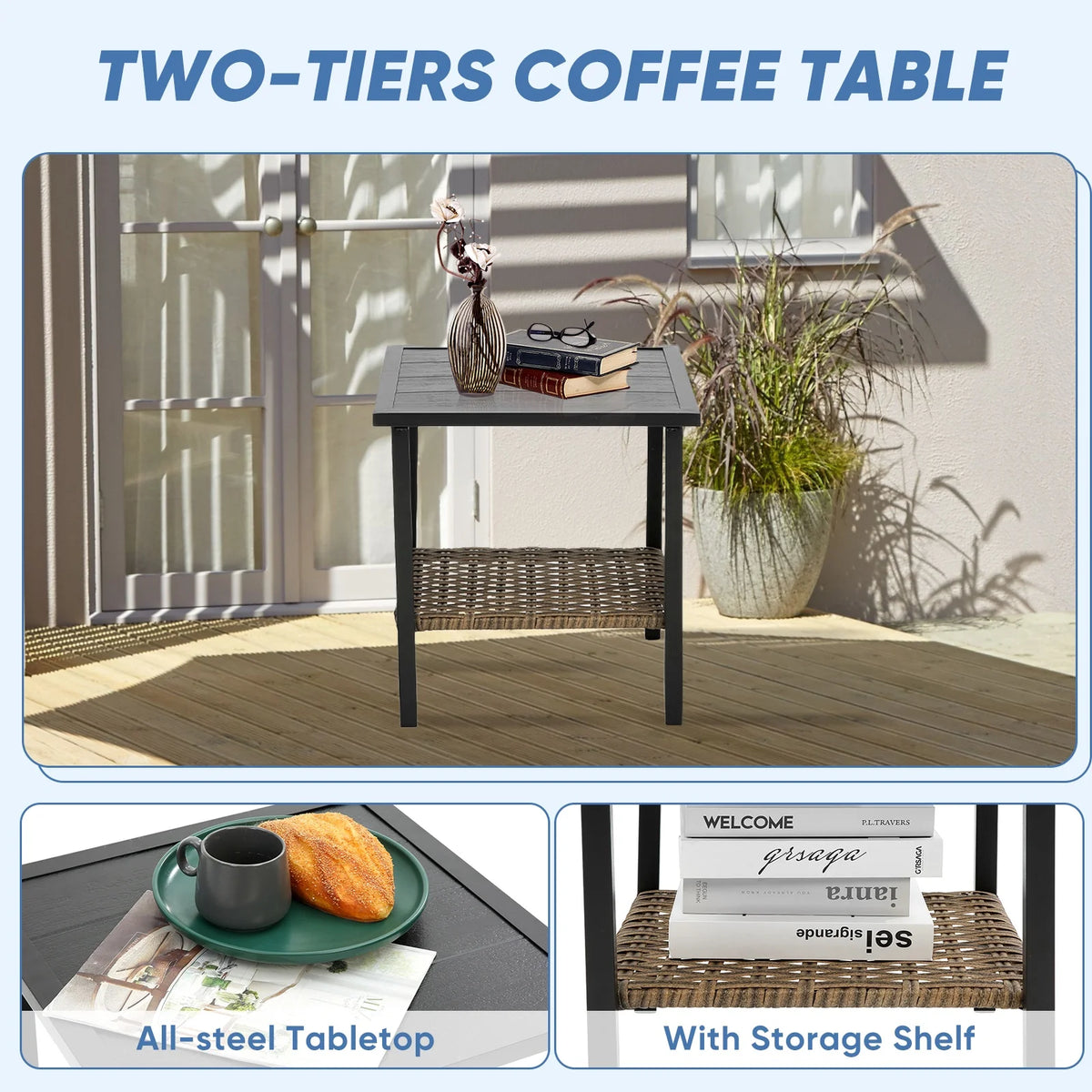 3 Pieces Patio Outdoor Conversation Set, Patio Furniture Bistro Set with 2-Tier Coffee Table, PE Wicker Rocking Chairs with Blue Cushions for for Backyard Porch Poolside