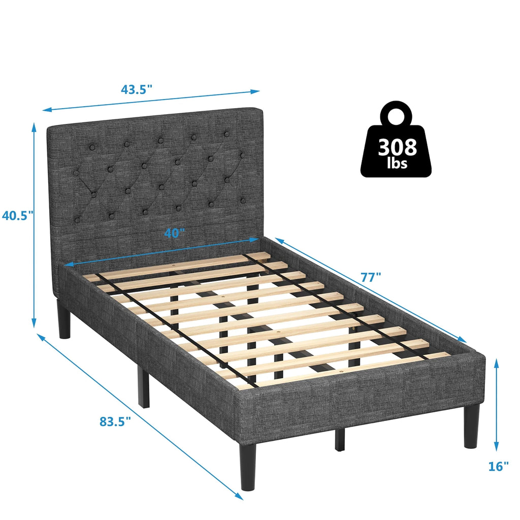 Costway Twin Upholstered Bed Frame Diamond Stitched Headboard Wood Slat Support