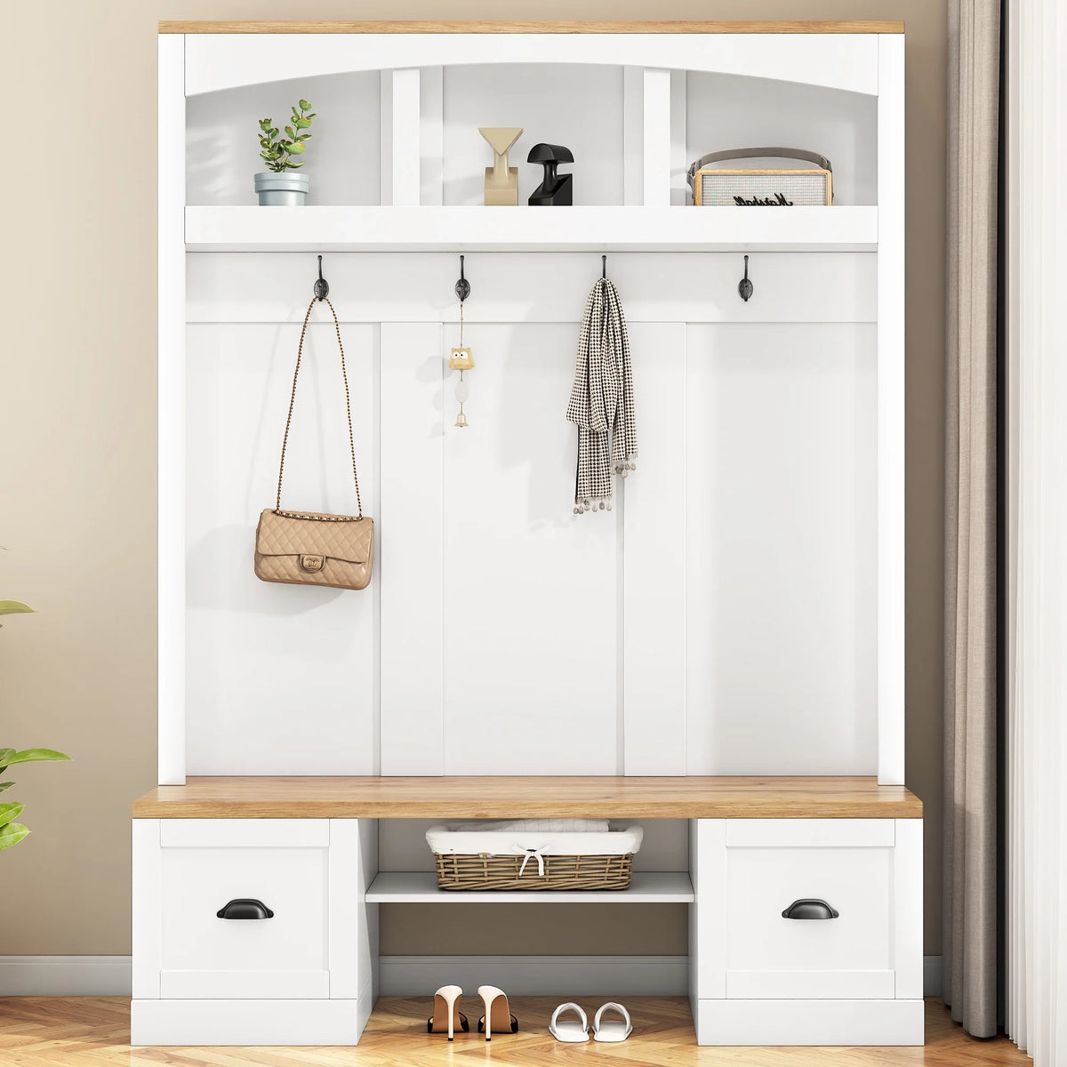 Harper & Bright Designs Farmhouse Hall Tree with Bench and Shoe Storage, Mudroom Bench with Coat Rack and Adjustable Shelves for Hallway, Living Room, White