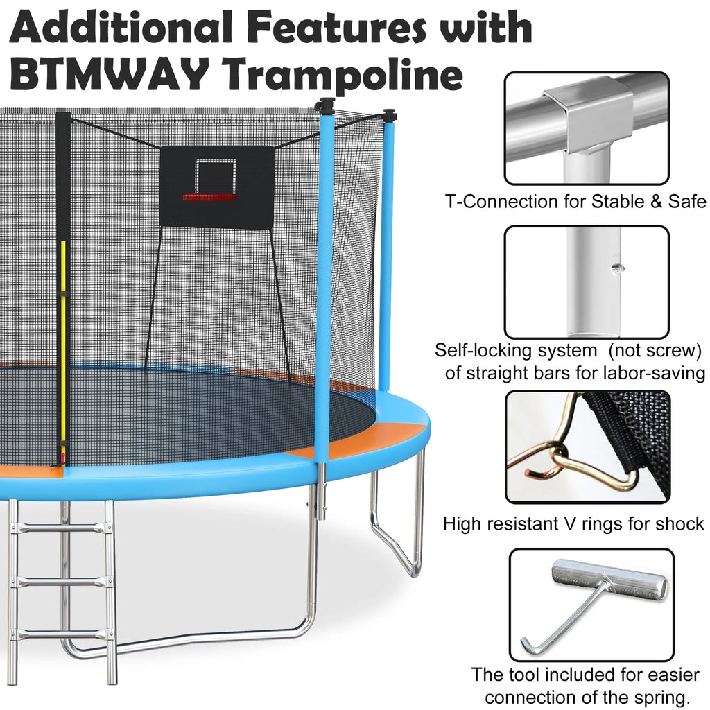 SHINPT 14ft Trampoline for Kids, Outdoor Trampoline with Net, Big Trampoline with Basketball Hoop and Ladder, Heavy Duty Trampoline with No-gap Design, Backyard Trampolines for Adult