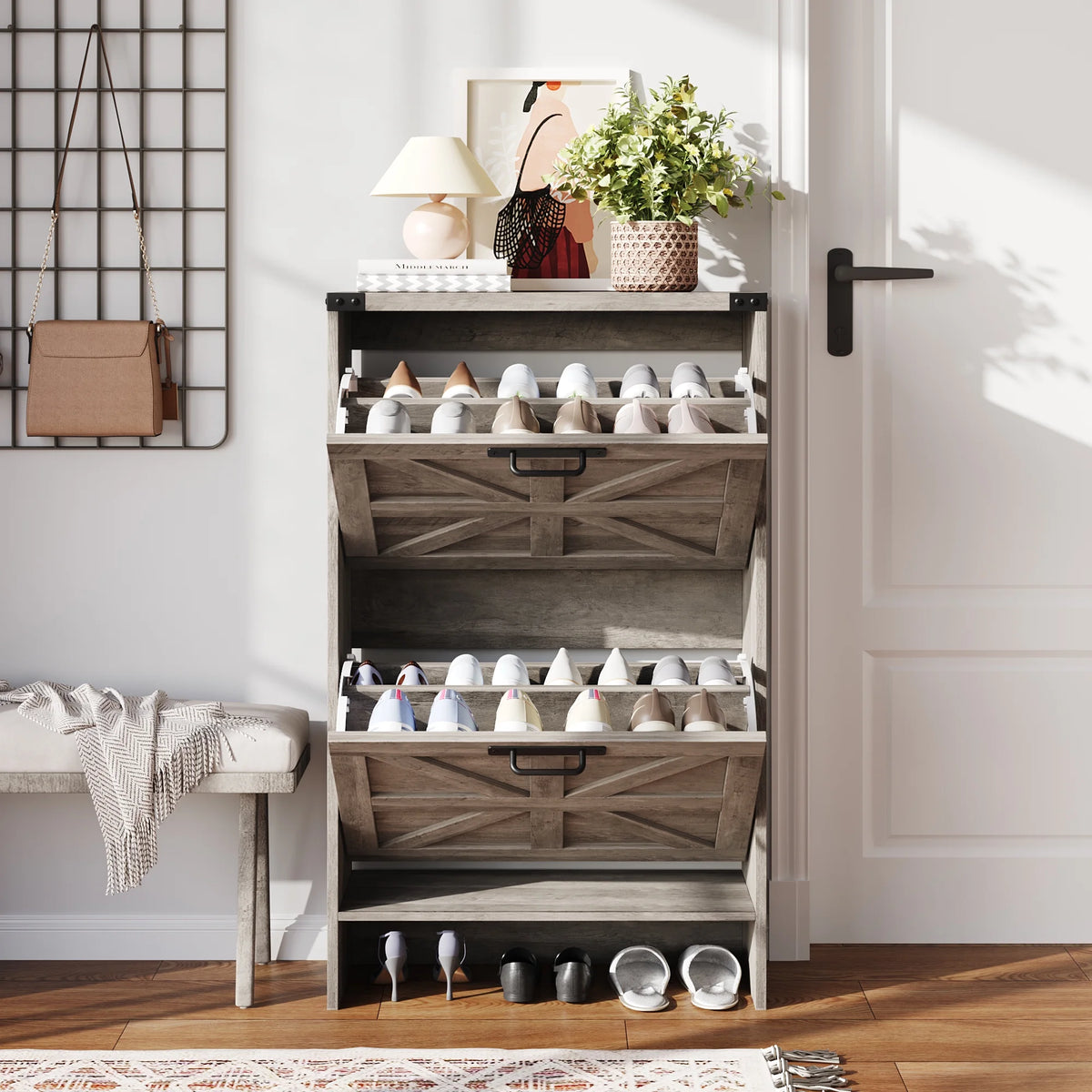 VEANERWOOD Shoes Storage Cabinet With Doors, Farmhouse Shoe Cabinet With 2 Flip Drawers For Entryway,Gray