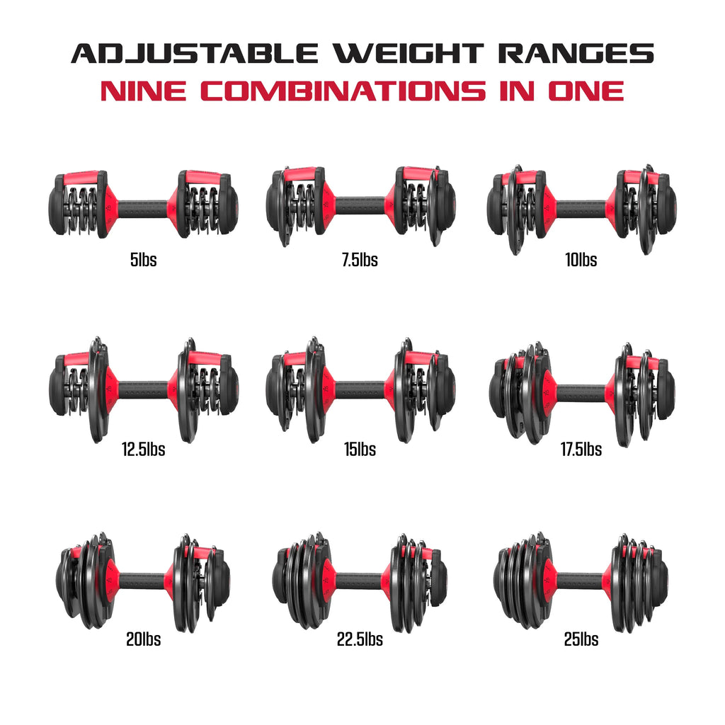FitRx Adjustable Dumbbells 2-Pack, 25lb SmartBell Dumbbell Set with 9-in-1 Quick-Select Weights, 2.5lb Increments for Home Gym