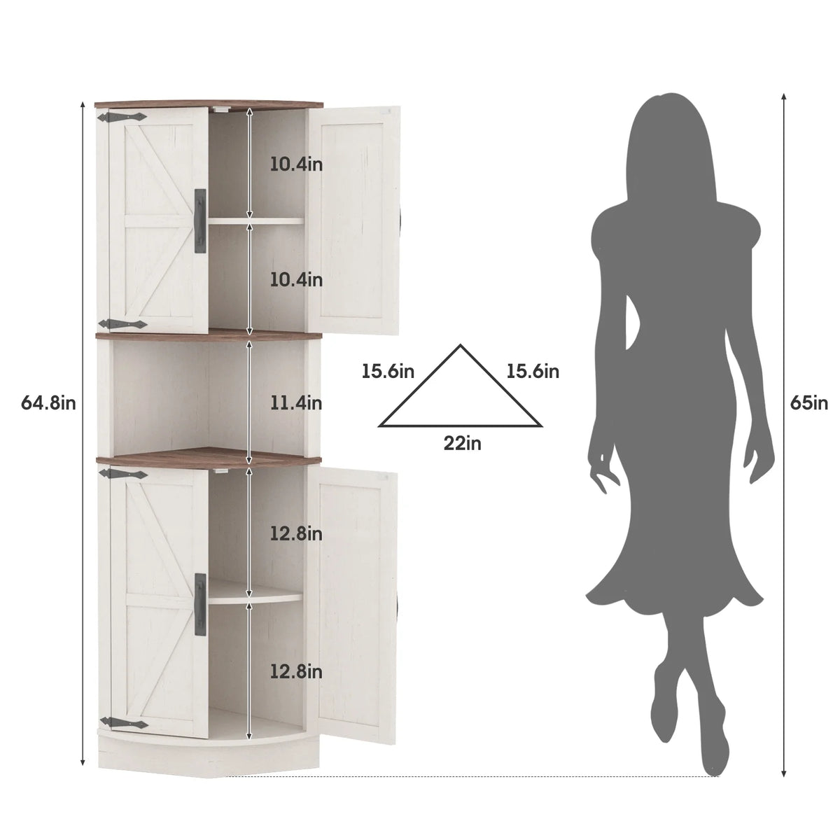 Vabches Farmhouse 64.8'' Tall Corner Cabinet with 4 Doors and 5 Storage Shelves for Kitchen, Living Room, White