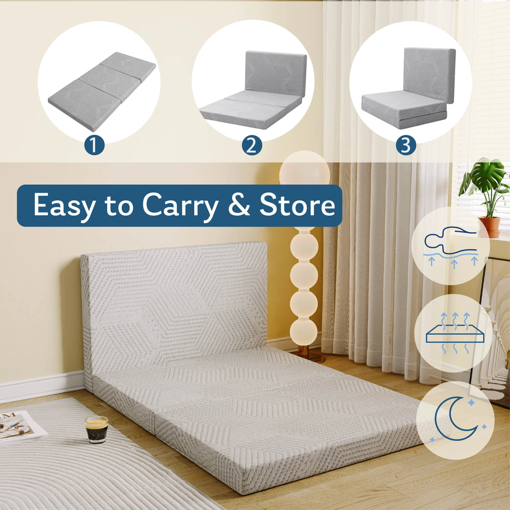 Ego 4 inch Tri Folding Memory Foam Mattress, Portable Guest Bed, Queen Size
