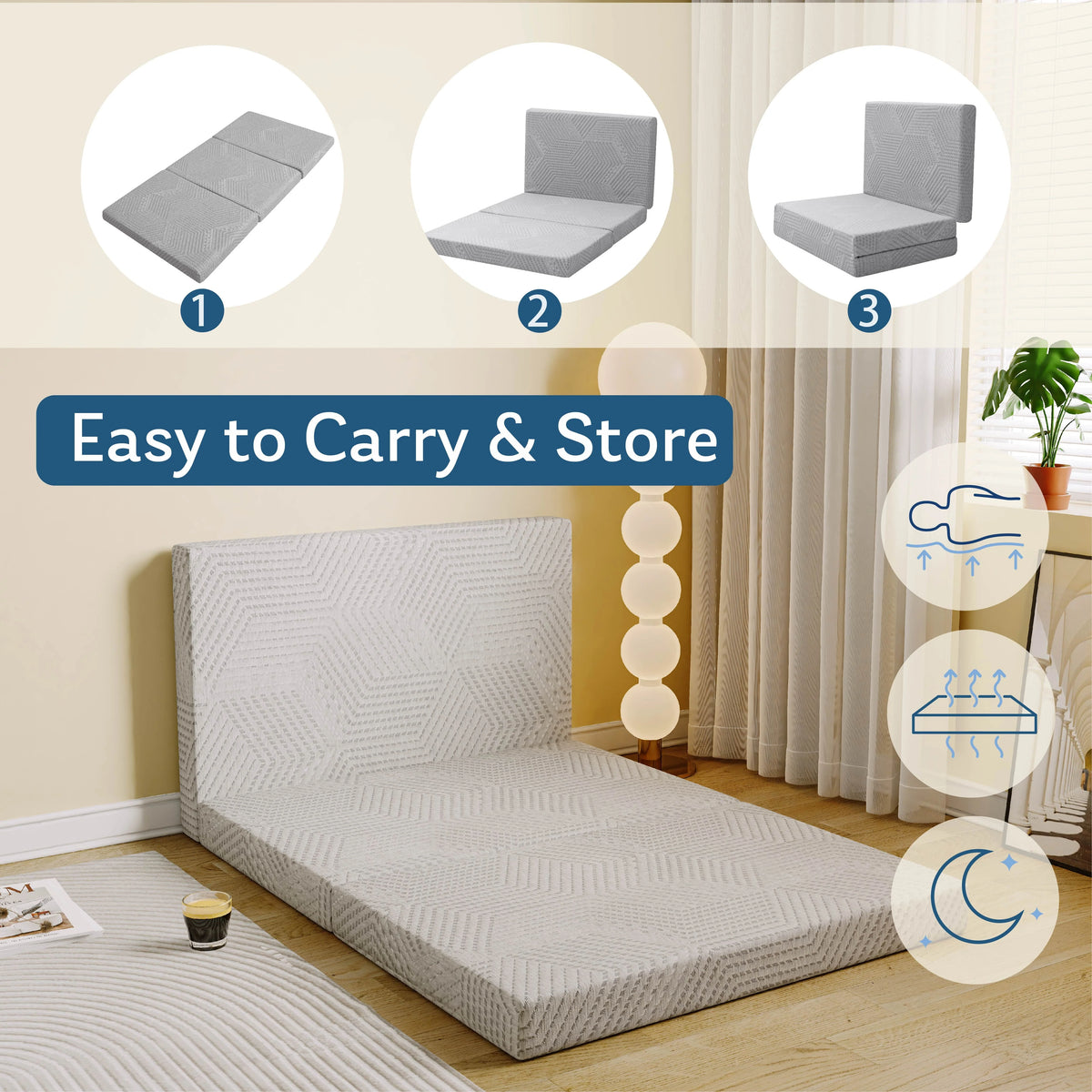 Ego 4 inch Tri Folding Memory Foam Mattress, Portable Guest Bed, Queen Size