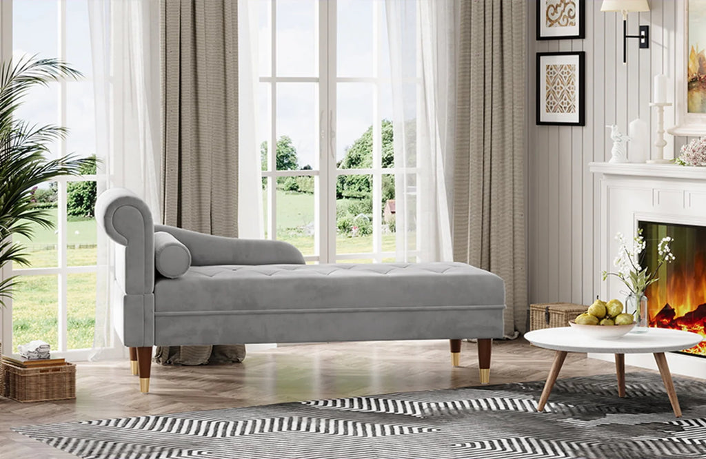 Vesgantti Velvet Chaise Lounge,59" Modern Upholstered Lounge Chair Indoor with Round Armrest Lumbar Pillow, Single Sofa for Living Room Bedroom Office,Grey