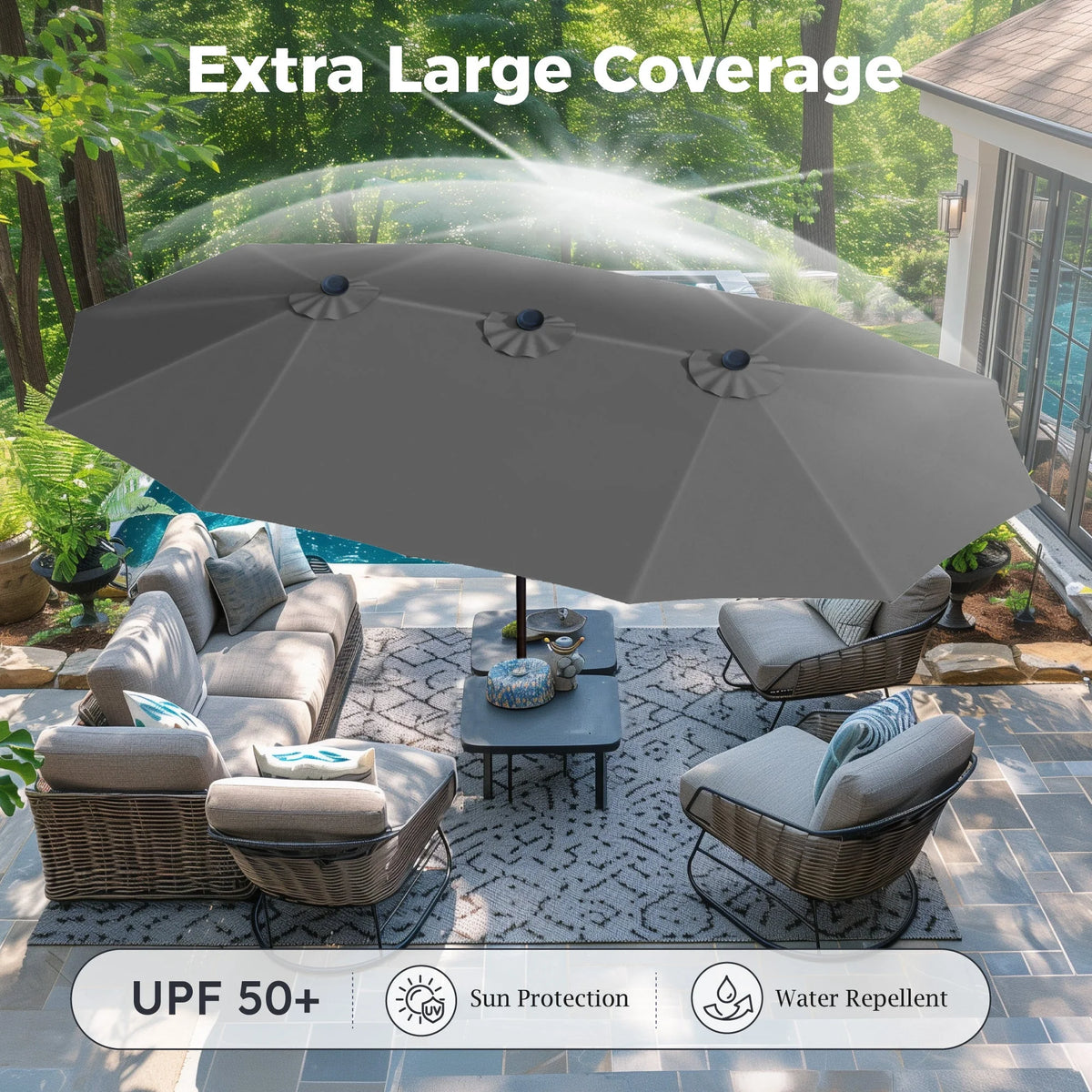 Alpha Joy 15ft Outdoor Patio Umbrella Extra-Large Double-Sided Garden Umbrella with Crank Handle and Base - Smoky Gray