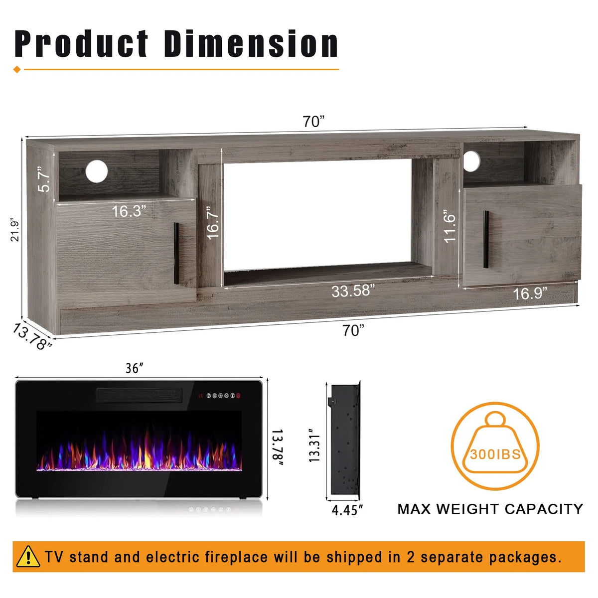 Waleaf Fireplace TV Stand with 18'' Fireplace for TVs up to 65 inch, Two Adjustable Glass Shelves