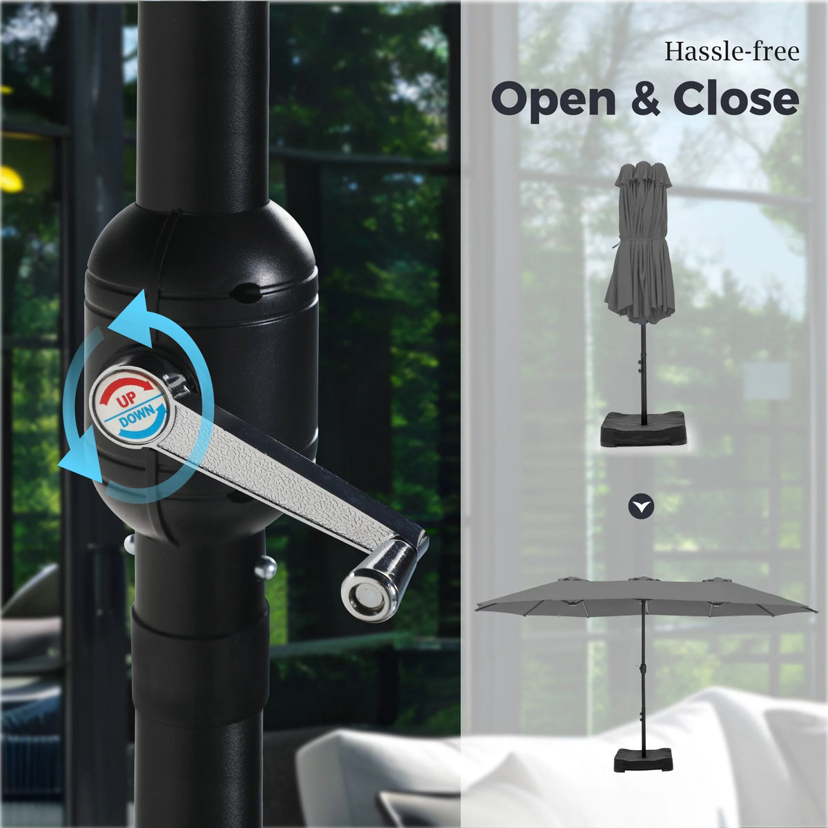 Alpha Joy 15ft Outdoor Patio Umbrella Extra-Large Double-Sided Garden Umbrella with Crank Handle and Base - Smoky Gray