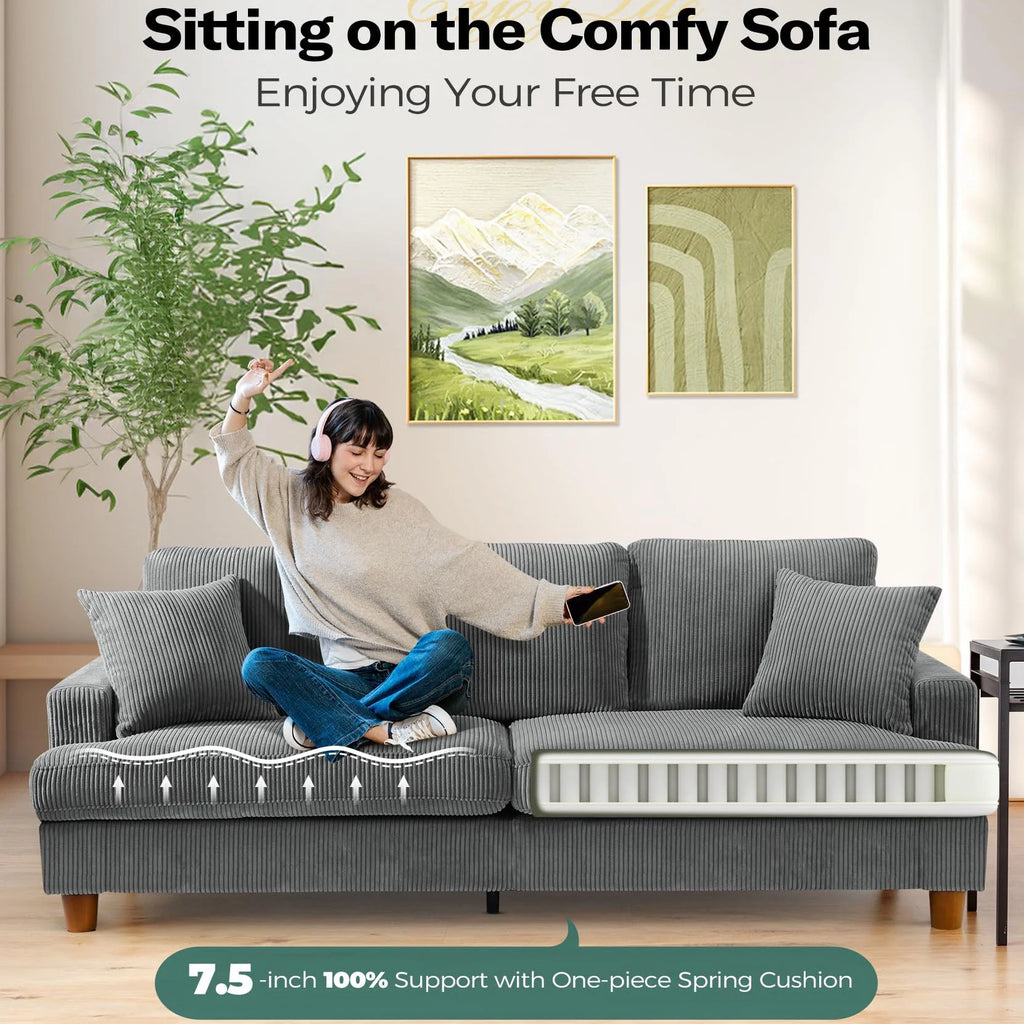 87" Corduroy Sofa,3 Seater Sofa with Extra Deep Seats,Neche Comfy Upholstered Couch for Living Room,2 Pillows,Green