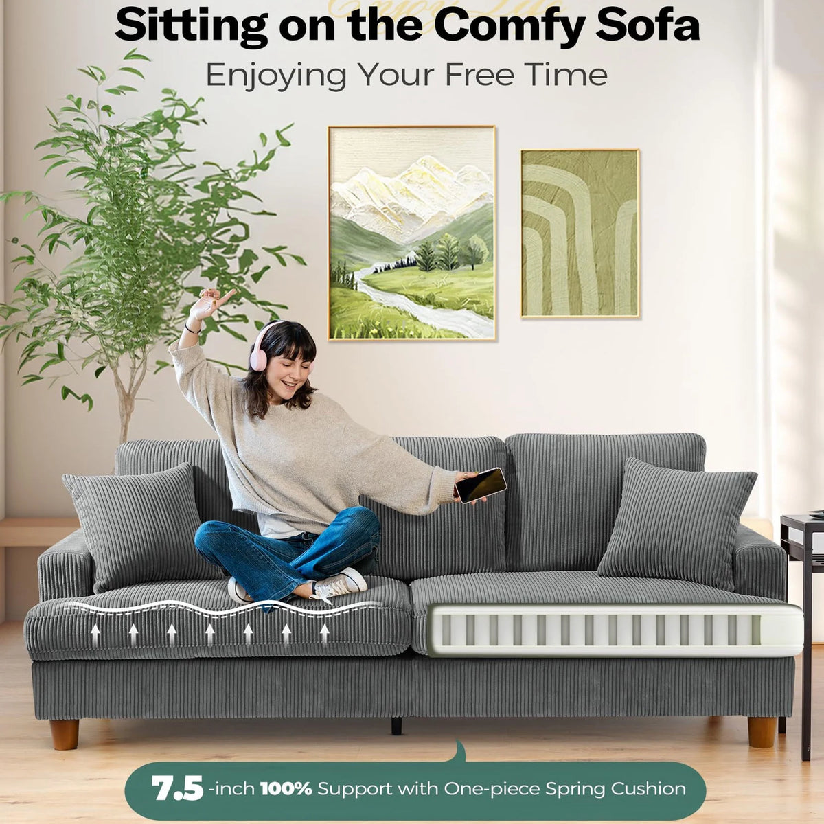 87" Corduroy Sofa,3 Seater Sofa with Extra Deep Seats,Neche Comfy Upholstered Couch for Living Room,2 Pillows,Green
