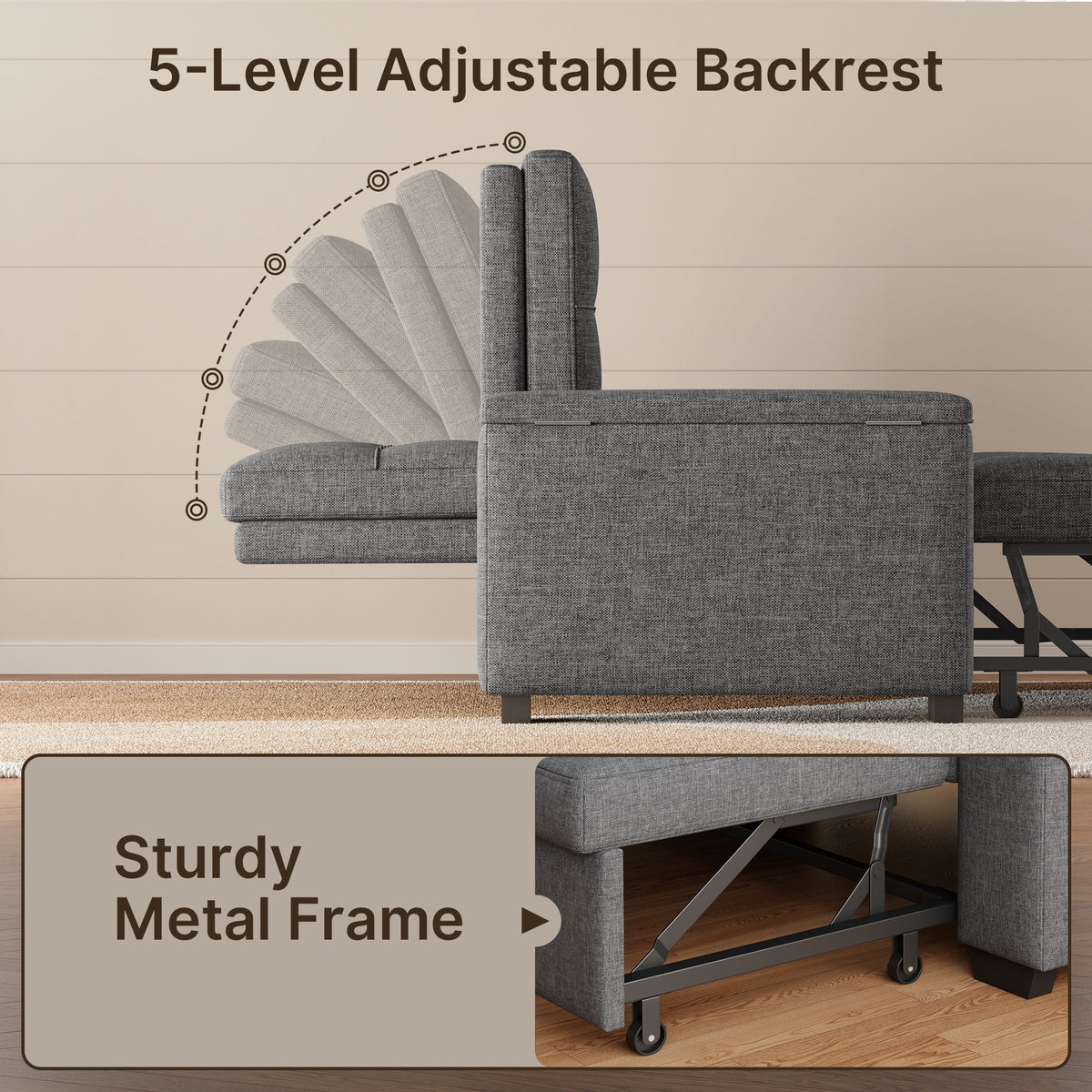 Sofa Bed, Lofka 3 in 1 Convertible Couch Bed with Storage Armrest and Adjustable Backrest for Living Room, Dark Gray