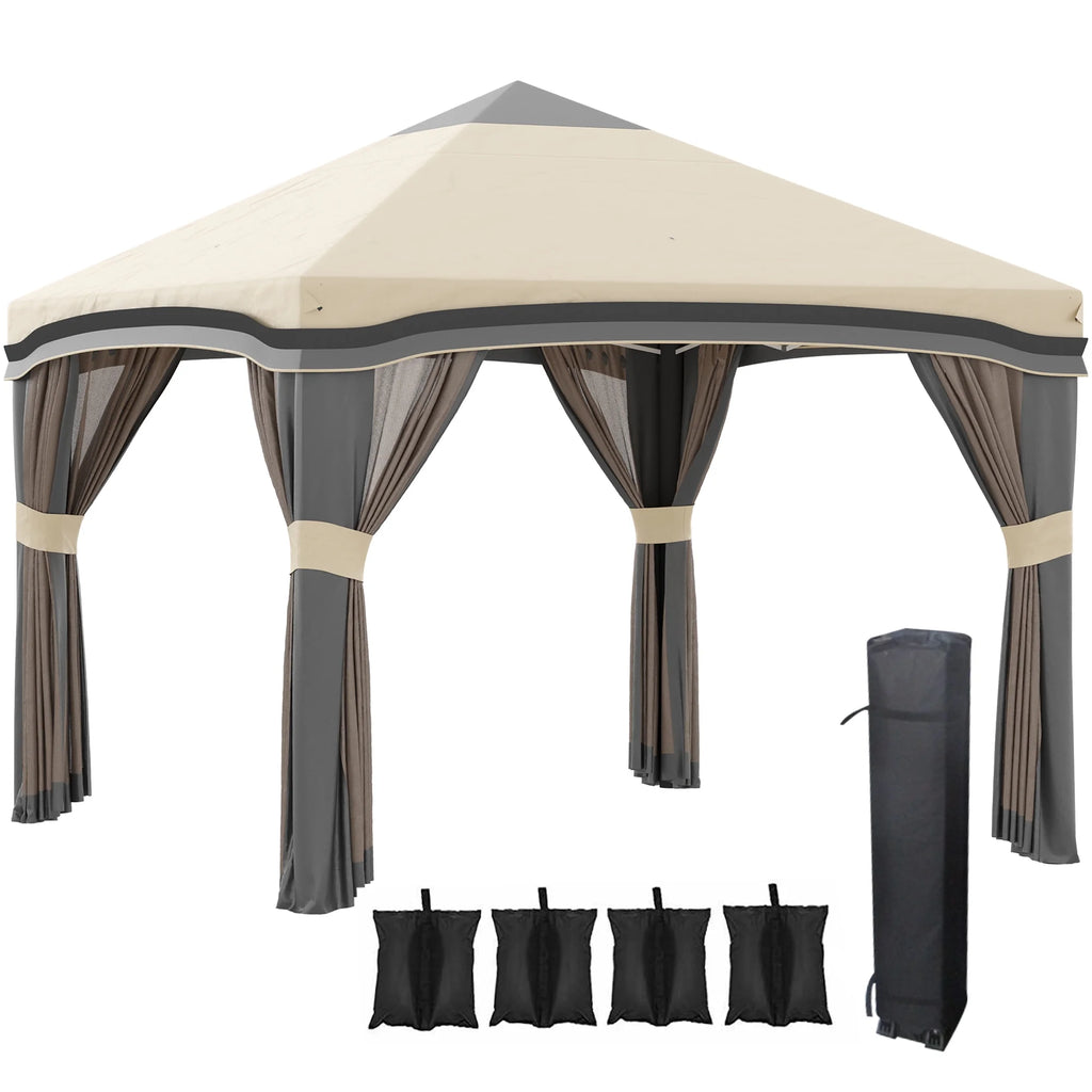 Outsunny 10' x 10' Pop Up Canopy with Nettings, Foldable Party Tent with Wheeled Carry Bag and 4 Sand Bags, Beige