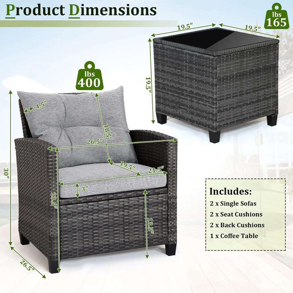 Gymax 3PCS Patio Rattan Sofa Set Outdoor Wicker Conversation Set Glass Tabletop w/ Grey Cushion
