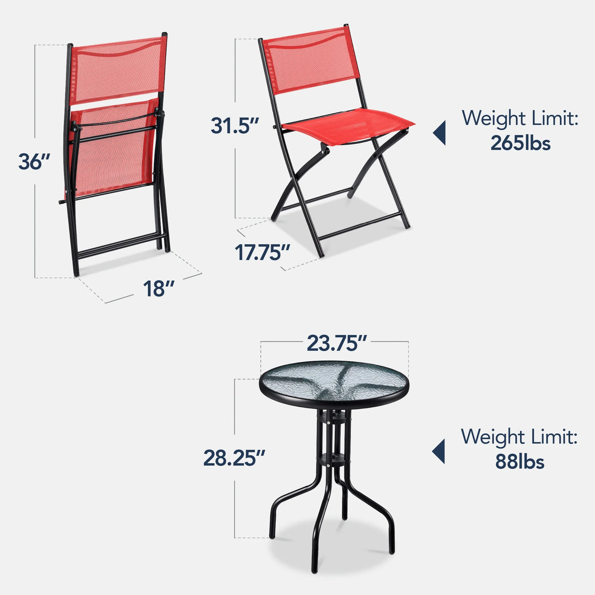 Best Choice Products 3-Piece Patio Bistro Dining Furniture Set w/ Glass Tabletop, Folding Chairs - Gray