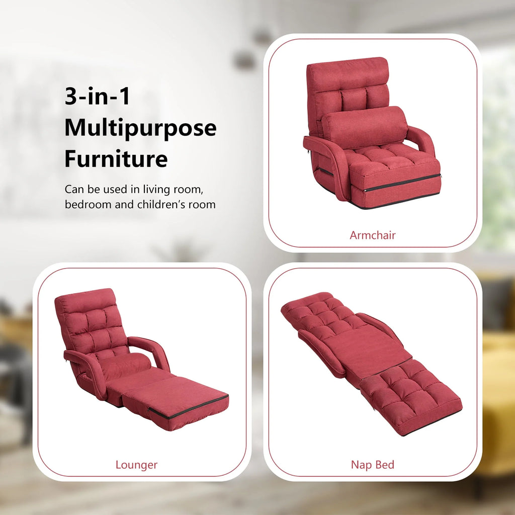 Costway Folding Floor Armchair w/ 6-position Adjustable Back & Lumbar Pillow Red