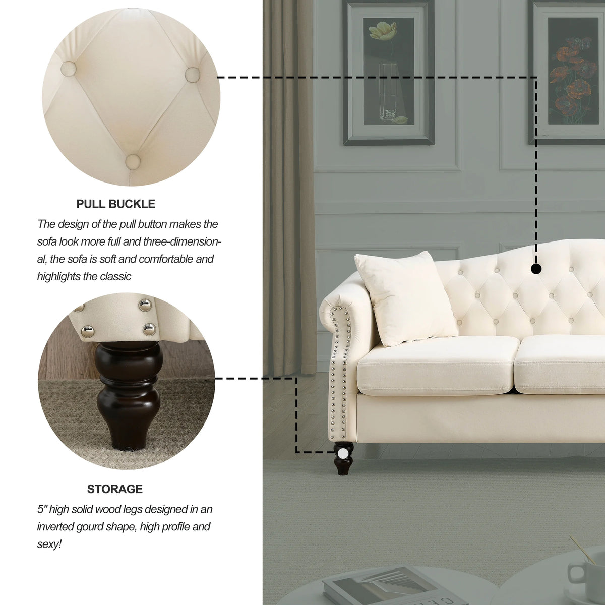 Chesterfield Upholstered Velvet Sofa, 3 Seater Button Tufted Couch with Nailhead Arms for Living Room Bedroom Office Apartment