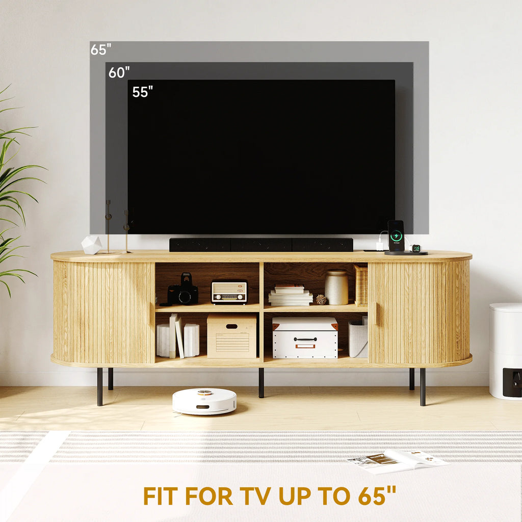MARNUR 63" TV Stand for 70" TV, Wood Entertainment Center with Storage and Shelves, 2 Sliding Tambour Doors, Mid-Century Modern, Walnut