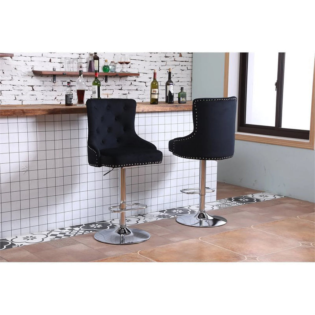 Alexent  2PCS Swivel Bar Stools, High Back, Button Tufted, Silver Footrest and Nailhead Trim Swivel Bar Chairs for Kitchen, Bar Velvet Upholstered Bar Stools, Dark Blue