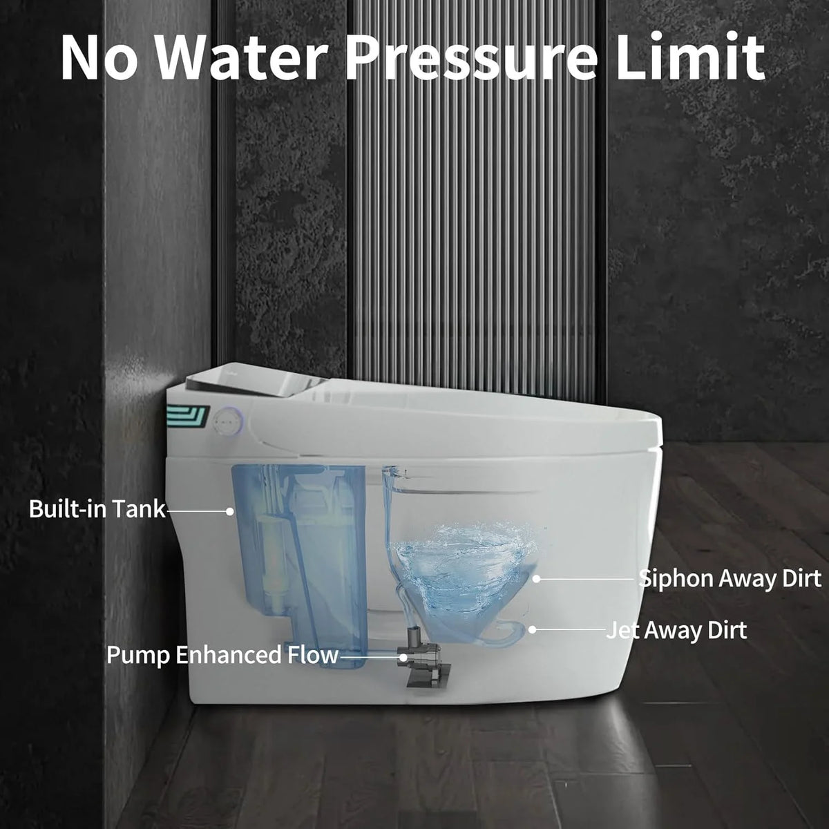 LALAHOO Smart Toilet with Bidet Built in, Auto Open & Close, Elongated Heated seat, Foot Sensor Flush, LED Display, Warm Water Wash, Dryer, Night Light, Black
