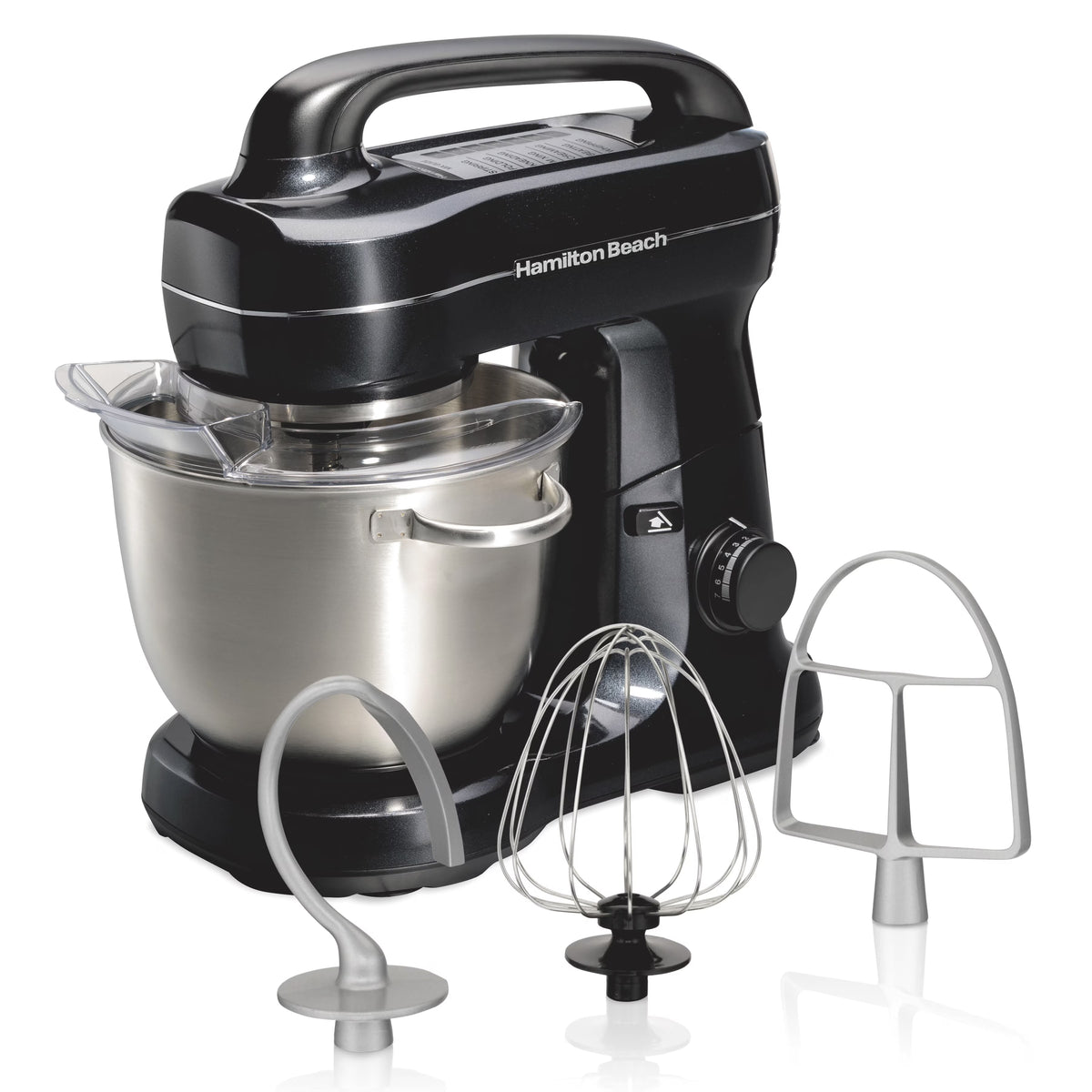 Hamilton Beach 4 Quart Stand Mixer for Kitchen, 7 Speeds, Tilt-Head, Dough Hook, Whisk & Flat Beater, Black