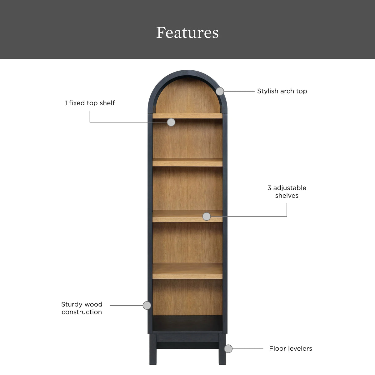 Better Homes & Gardens Juliet Narrow Arch Bookcase, Rich Black and Light Honey