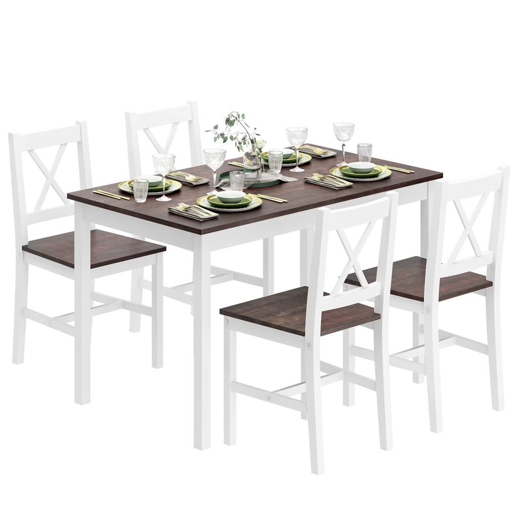 Soges 5 Pieces Dining Table Set, Pine Wood Kitchen Dining Table with 4 Chairs, Wood Rectangular kitchen table and chairs for 4, Small Dining Set for Bar Dining Room Breakfast Nook, White and Gray