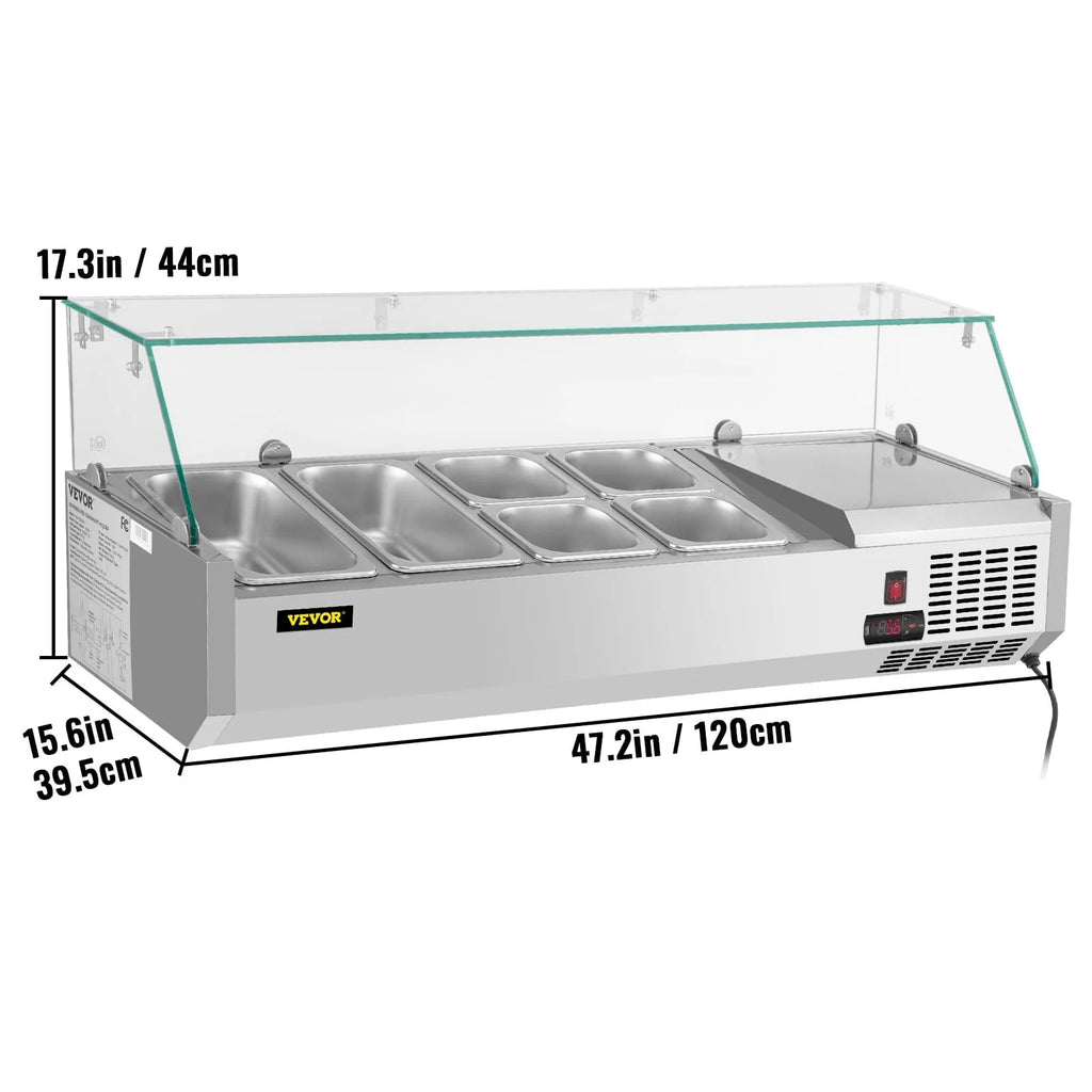 Refrigerated Condiment Prep Station, 48-inch, 10.8Qt Sandwich / Salad Prep Table w/ 3 1/3 Pans & 4 1/6 Pans, 146W Salad Bar w/ 304 Stainless Body Tempered Glass Shield Digital Panel Auto Defrost