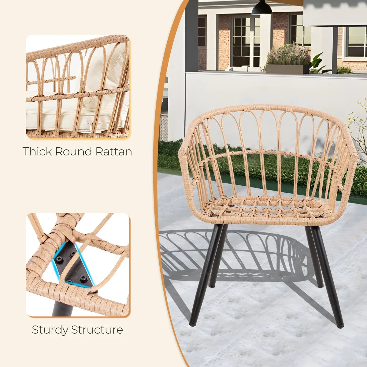 Ainfox 3-Piece Steel Outdoor Bistro Sets with Metal Chairs and Glass Top Table, Beige