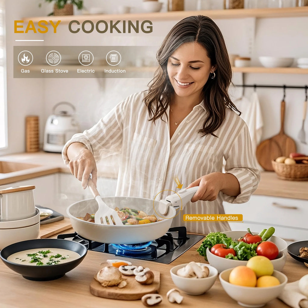 Astercook 22 Piece Ceramic Pots and Pans Set Non Stick,  Cookware Set with Detachable Handles, Oven Safe, Induction Ready, Stackable RV Kitchen Cooking Set, Cream White