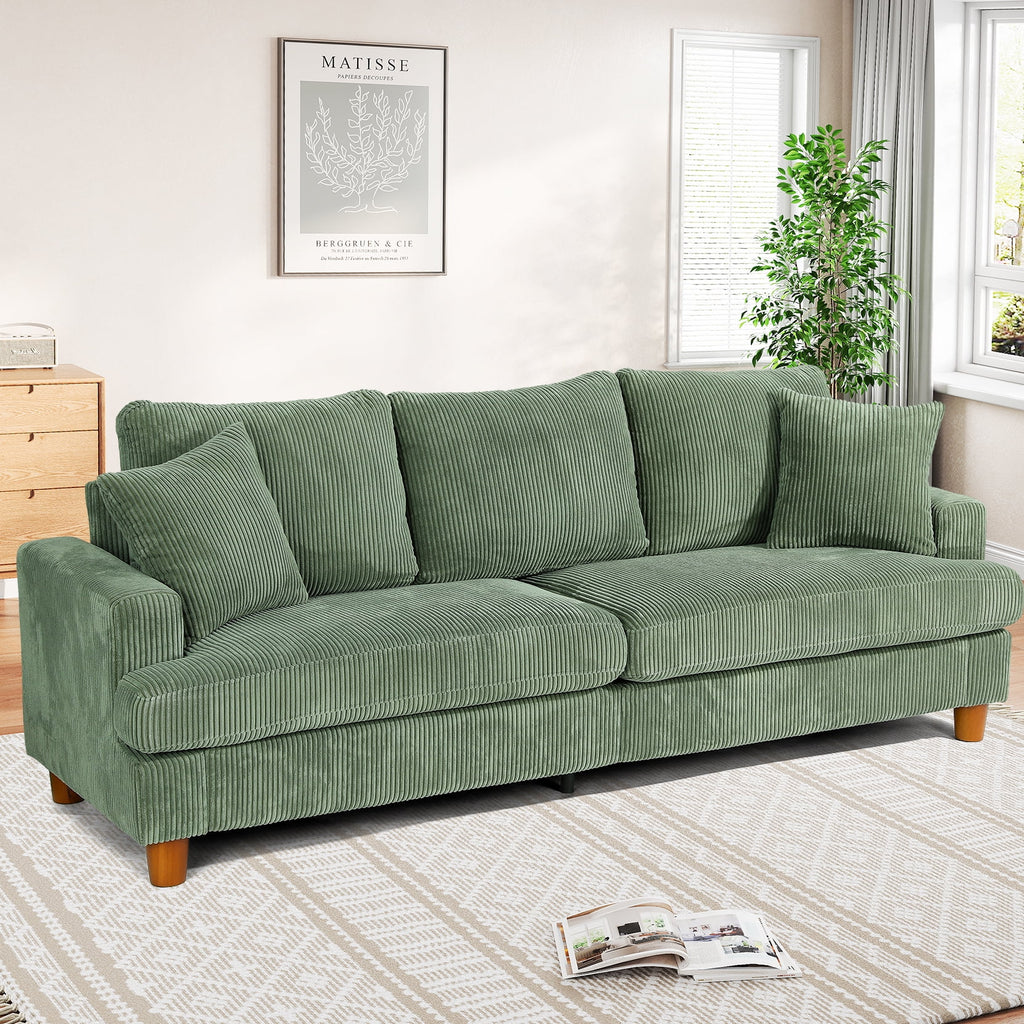 87" Corduroy Sofa,3 Seater Sofa with Extra Deep Seats,Neche Comfy Upholstered Couch for Living Room,2 Pillows,Green