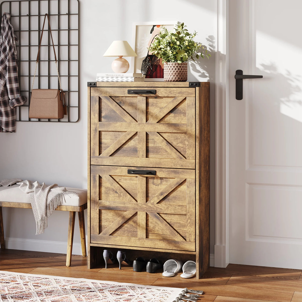 VEANERWOOD Shoes Storage Cabinet With Doors, Farmhouse Shoe Cabinet With 2 Flip Drawers For Entryway,Gray