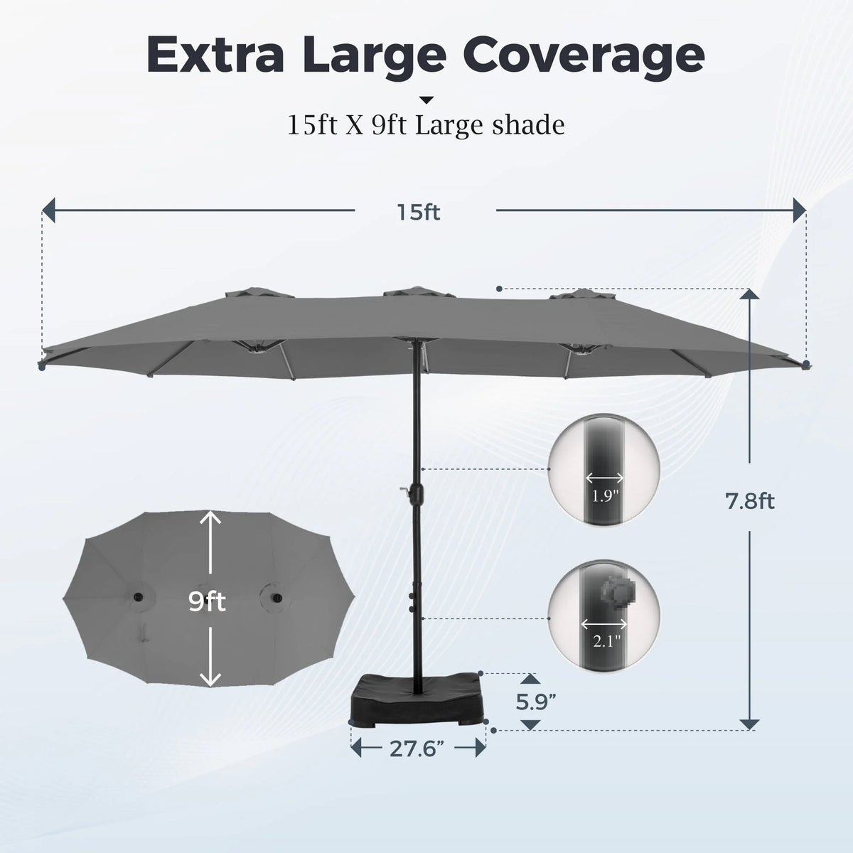 Alpha Joy 15ft Outdoor Patio Umbrella Extra-Large Double-Sided Garden Umbrella with Crank Handle and Base - Smoky Gray