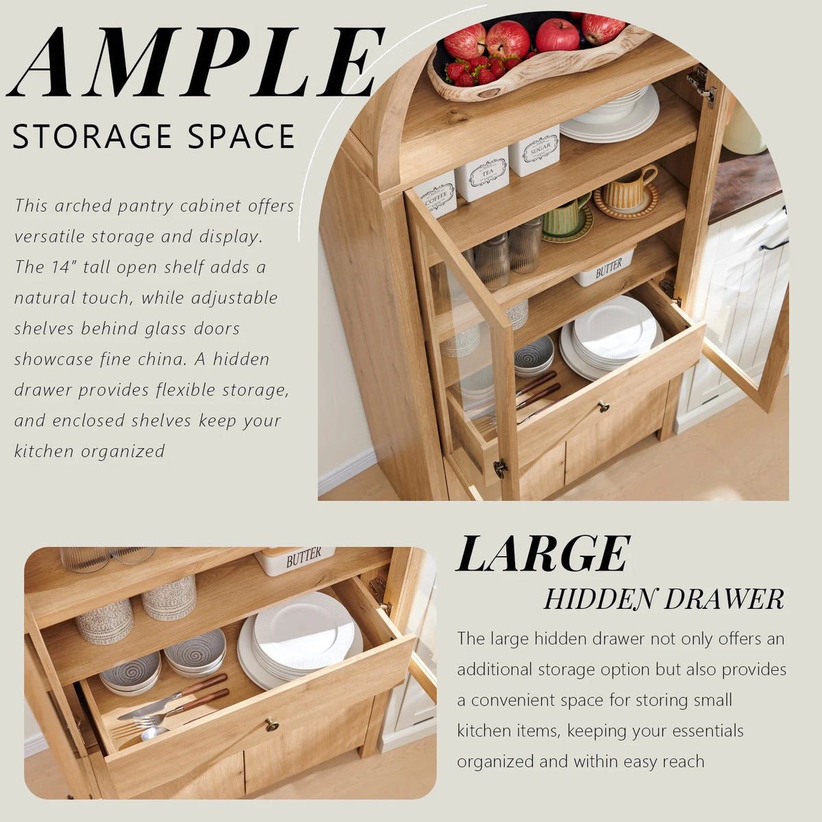 SinCiDo Arched Kitchen Pantry Storage Cabinet, 71-Inch Tall Wood Adjustable Shelves, 2 Doors, 2 Drawers