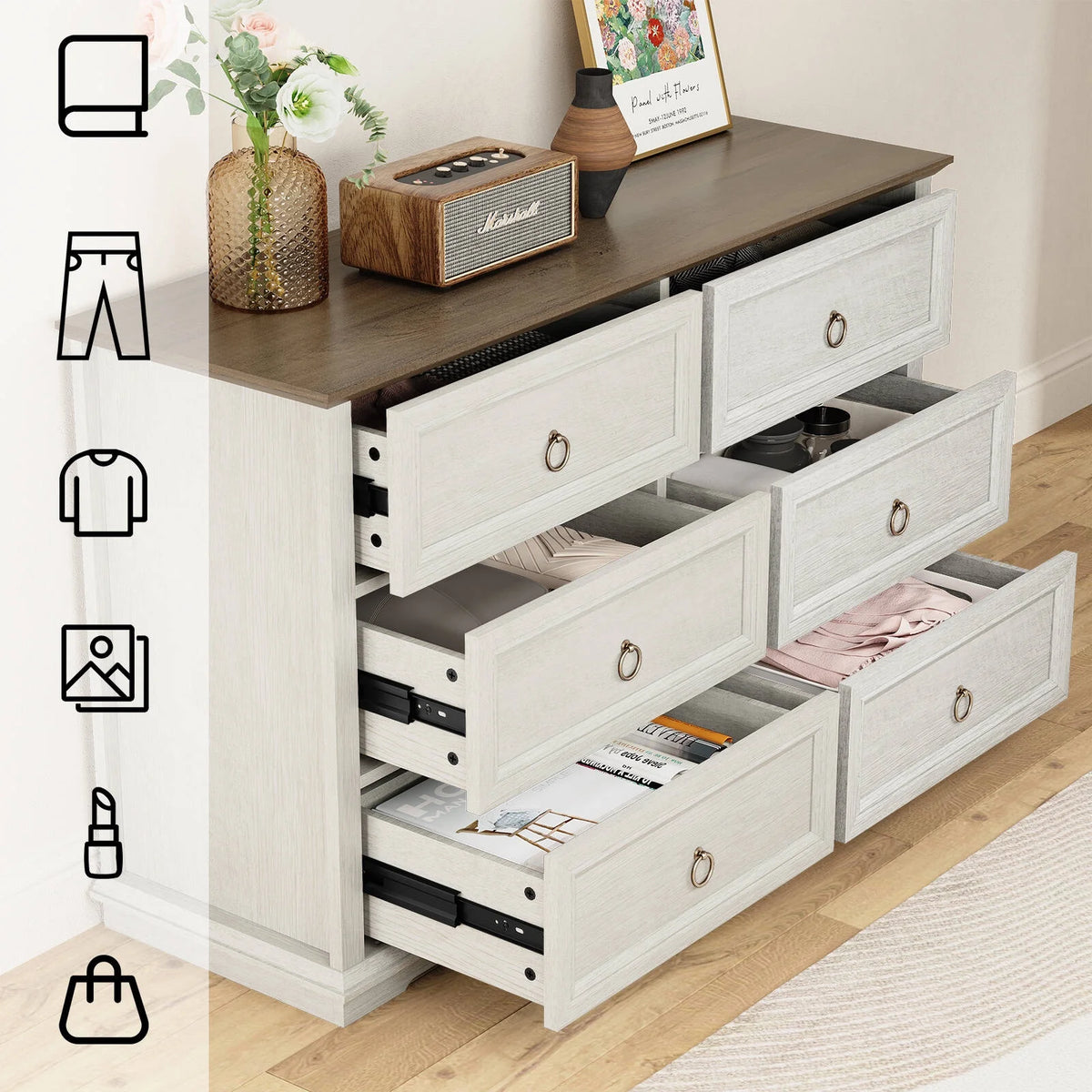 FAGAGA 6 Drawers Dresser for Living Room,Storage Cabinet Wooden Dressers Organizer for Bedroom,White