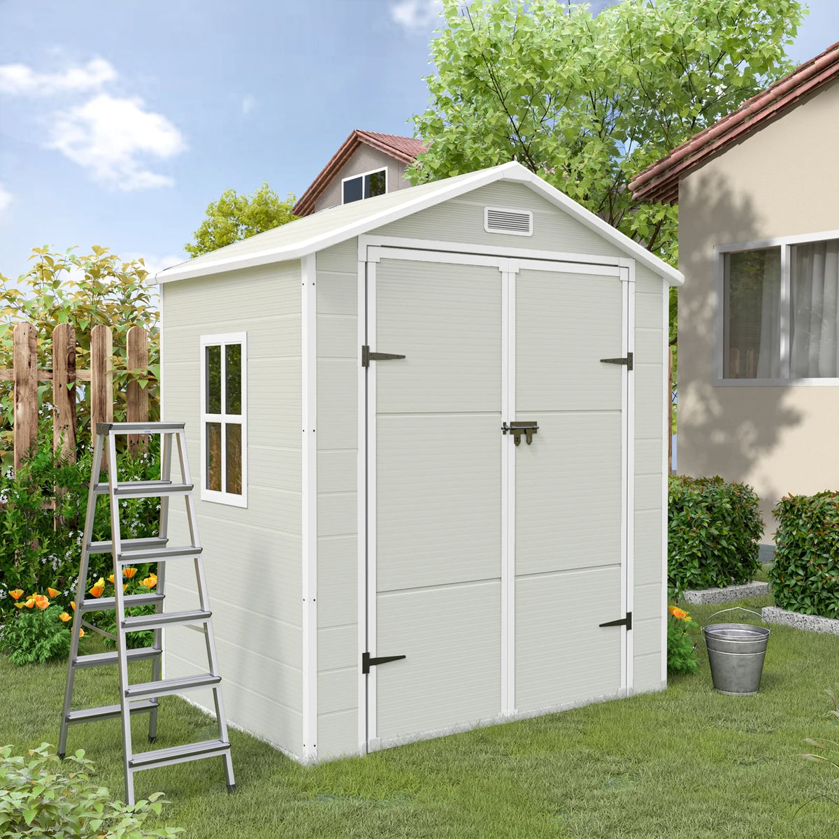 ECOPATIO Outdoor Storage Shed 5x3 FT, Resin Garden Shed for Bike, Tool, Plastic Outside Sheds & Outdoor Storage Storage Box with Lockable Door for Backyard, Patio, Lawn, Sandstone